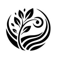Abstract black and white circular emblem featuring a stylized plant with leaves, curving lines, and swirling details, suggesting growth. vector