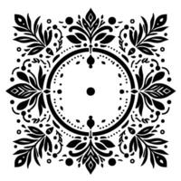 Intricate symmetrical black and white floral with a central circle and dotted details, offering a stylized decorative pattern. vector
