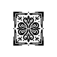 A symmetrical black and white floral , composed of swirling leaves and corner elements, set against a clean white backdrop. vector