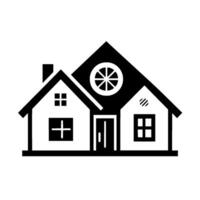 Minimalist Black and White Illustration of a House Featuring Cross and Square Windows, a Decorative Round Window, a Door, and a Chimney, Representing a Modern Residential Structure. vector