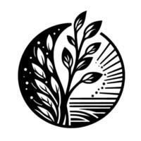 A stylized, monochromatic illustration depicting a tree split between night and day within a circular frame, with detailed leaves. vector