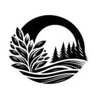 A stylized black and white circular emblem depicting nature, with leafy foliage, evergreen trees, and layered abstract ground, framed by a bold circle on white. vector