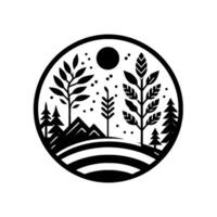 A stylized, minimalist black and white illustration within a circle depicting a serene natural landscape featuring trees, mountains, a sun and starry sky. vector