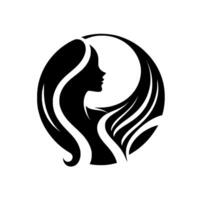Elegant Silhouette A Womans Profile Within a Circle of Flowing Hair in Black and White, Evoking Grace and Femininity. vector