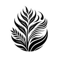 Intricate Black and White Illustration of a Stylized Plant, Featuring Flowing Leaves and Featherlike Structures, Against a Clean White Background. vector