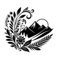 Intricate black and white illustration featuring a stylized mountain range with a rising sun, integrated with swirling floral elements, creating a harmonious natureinspired . vector