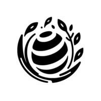 Black and white minimalist featuring a stylized globe encircled by organic shapes like leaves and flowing lines, representing growth. vector