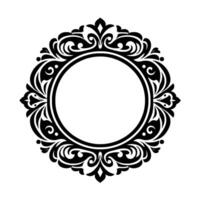 An elegant black and white circular ornamental frame, featuring intricate swirling floral and foliate designs, enclosing a blank white space. vector