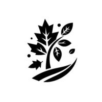 A stylized black and white illustration of a young tree with various leaf shapes, appearing as a natureinspired emblem on a bright background. vector