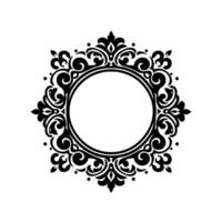 Ornate black and white circular decorative frame with scrolling floral and leaf motifs, enclosing a blank white circle, isolated on white. vector