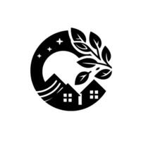 A minimalist, circular emblem featuring stylized houses nestled below a starry night sky, embraced by leafy branches. vector