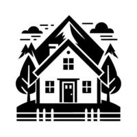 Black and White Minimalist Cabin Illustration A cozy cabin nestles between trees and towering mountains under a cloudy sky, surrounded by a picket fence. vector