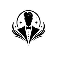 Elegant Black and White Silhouette Formal Gentleman with Bow Tie, Set Within a Circular Halo, Adorned with Starburst Accents and Decorative Wings. vector