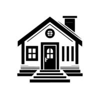 A minimalist black and white illustration of a charming house, featuring a gabled roof, front door, window, and chimney, creating a welcoming, symbolic representation of home. vector