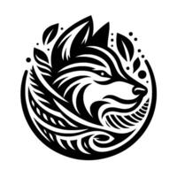 Intricate black and white illustration of a stylized wolfs head within a circular frame, incorporating organic leaflike details and a minimalist aesthetic. vector