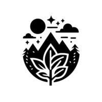 A black and white minimalist emblem showcasing a central stylized leaf with mountains, trees, clouds, stars, and a sun, embodying natures beauty. vector