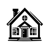 A stark black and white illustration of a simple house with a cross window, chimney, and rectangular windows on a solid white background. vector