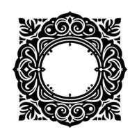 Intricate black and white ornamental featuring a central circle surrounded by elegant floral and geometric motifs, creating a symmetrical, detailed pattern. vector