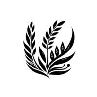 A stylized black and white botanical illustration, featuring overlapping leaf clusters and stylized floral elements, set against a clean, stark white background, creating a minimalist and elegant visu vector