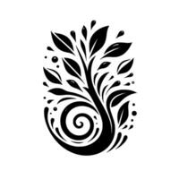 An elegant, stylized black and white floral featuring a swirling base that transitions into leaves and water droplets, set against a clean white background. vector