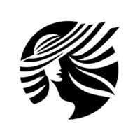 Silhouette of a stylish woman with a widebrimmed hat and flowing hair within a black circle, evoking elegance and grace, set against white. vector