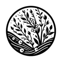 Intricate Black and White Circular Featuring Stylized Flora, Leaves, Flowers, and Abstract Curved Lines. vector