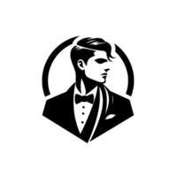 Stylish monochrome featuring a dapper man in a suit with a bow tie, encircled by a partial halo, exuding sophistication. vector