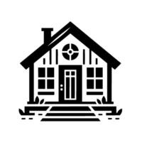 A minimalist illustration of a charming black and white house featuring a centered door, two windows, and a circular window above, all framed by a gabled roof, accompanied by leafy accents. vector