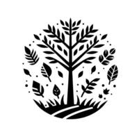 A stylized, circular black and white illustration featuring a central tree with floating leaves and grass, evoking a sense of nature and simplicity. vector