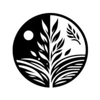 YinYang Symbol with Botanical Elements a balance of nature, featuring a moon, branches, and stylized fields in contrasting black and white halves. vector