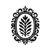 Intricate Black and White Floral Ornament Featuring an Oval Frame Surrounding a Stylized Leaf Arrangement on a White Background. vector