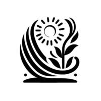 A stylized black and white illustration featuring a sun, swirling lines, and plant life, evoking growth and harmony. vector