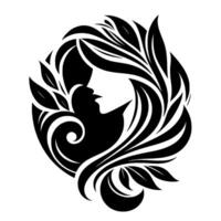 An elegant black and white art nouveau style illustration, depicting a womans profile surrounded by ornate foliage and flowing lines, in a circular arrangement. vector