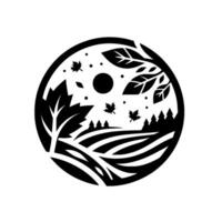 Black and White Circular Silhouette of an Autumn Landscape, Featuring Fields, Trees, Falling Leaves, and a Central Sun. vector