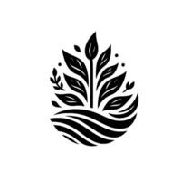 Stylized Monochrome Plant and Water Symbol, Featuring a Leafy Sprout Emerging from Wavy Lines Within an Oval Shape, Set Against a Clean White Background. vector