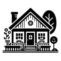 A minimalist, monochromatic illustration of a charming cottage nestled in a serene, naturefilled setting, featuring stylized trees and flora, exuding simplicity. vector