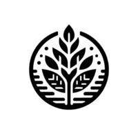 Stylized black and white circular of a tree with leaves, minimalist , surrounded by a thick border and small dots. vector