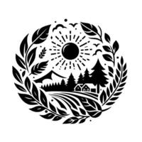 A circular, minimalist black and white illustration depicting a serene landscape with a sun, mountains, trees, a house, and foliage. vector