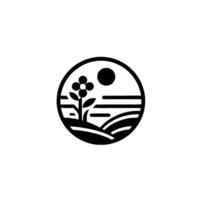 A stylized black and white depicting a flower, fields, and a sun enclosed within a circular frame, evoking simplicity and nature. vector
