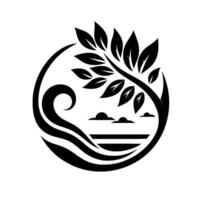 Circular nature , featuring a tree with leaves, waves, clouds, and horizontal lines representing water and horizon. vector