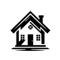 Minimalist Black and White House Illustration with Geometric Shapes, Chimney, Windows, and a Round Accent, Suitable for Branding. vector