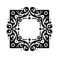 Intricate Black and White Square Ornate Frame with Floral and Geometric Motifs, Centered White Space, Symmetrical Arrangement. vector