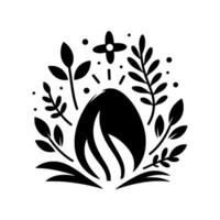 A minimalist black and white illustration depicts an eggshaped form surrounded by leafy sprigs, a fourpetal flower, and dots, suggesting growth. vector