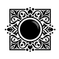 Ornate Black and White Floral Emblem A Symmetrical Featuring a Central Circle and Intricate Scrollwork within a Square Frame. vector