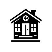 Vectorized black and white silhouette of a house with a gable roof, chimney, and medical cross over the front door, symbolizing healthcare or assistance. vector