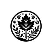 Black and white circular emblem featuring a central maple leaf, surrounded by stylized natural elements like smaller leaves, berries, and a snowflake. vector