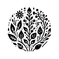 A symmetrical black and white botanical illustration featuring stylized leaves, berries, and floral elements arranged within a circular composition on a clean white backdrop, evoking a sense of simpli vector