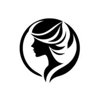 Elegant Silhouette A black and white minimalist of a womans profile, enclosed within a circle, showcasing flowing hair and classic beauty. vector