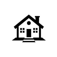 Minimalist Black and White House Depicting Simplicity, Home, and Property. A classic residence with a door, windows, chimney, and a plain facade. vector