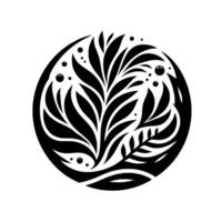 Intricate Black and White Botanical Circle featuring Stylized Leaves and Organic Bubbles on a Clean White Background. vector